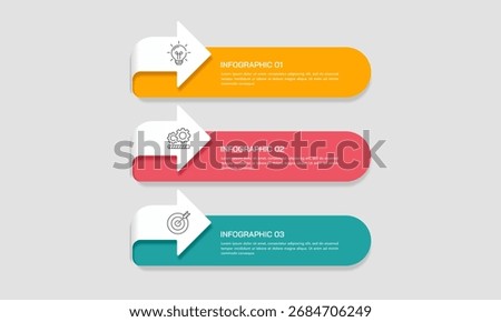Creative 3 Point Business Infographic arrow with Icons for Idea, Process, and Target Achievement. Presenation, Plan and Banner. Vector illustation.