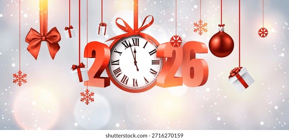 Creative 3D 2026 with a hanging clock, gifts, snowflakes, and red holiday decor in a snowy celebration scene.