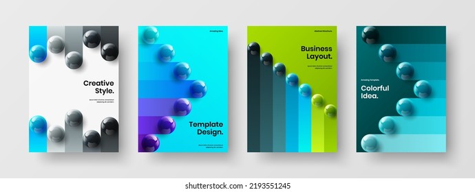 Diseño de portada de catálogo de bolas 3D creativas. Conjunto de plantillas de diseño de vector A4 de identidad corporativa minimalista.