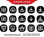Creative 3D black download button icon. Down arrow bottom symbol. Click here button. Save cloud import icon, push button, mobile application.
