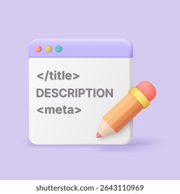 Creative 3D browser window with meta tags, title, and description elements, featuring a pencil for web development, SEO, and digital content design vector illustration
