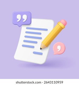 Creative 3d copywriting concept showing pencil paper and quotation marks for content writing marketing blogging and communication on purple background vector illustration