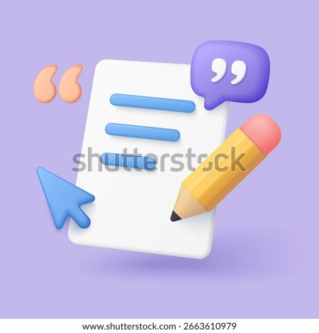 Creative 3d copywriting concept showing a pencil, document, cursor, and quotation marks for content creation, writing, marketing, and communication on a purple background vector illustration