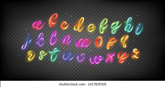 Creative 3d Font for Logo Design in Transparent Background. Multicolor ABC Set with Glossy and Glitter. Colorful Neon Gradient Alphabet in Magic Rainbow Style. 