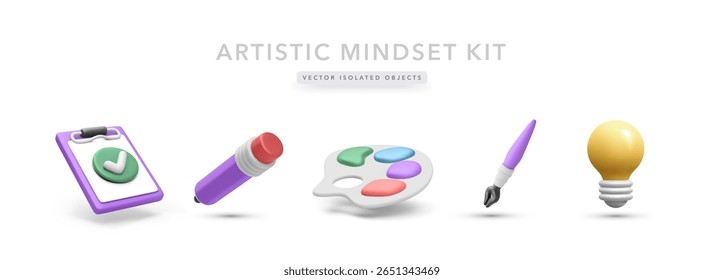 Creative 3D Icons Featuring Checklist, Eraser, Color Palette, Brush, And Lightbulb. Ideal For Art Education, Design Thinking, Or Creative Projects. Vector Illustration.