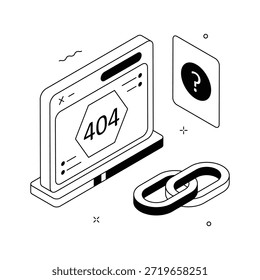 Diseño isométrico 3D creativo de error 404 con concepto de Enlace roto.
