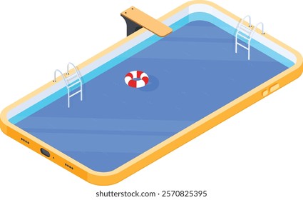 A creative 3D isometric illustration featuring a smartphone transformed into a swimming pool with a diving board, ladders, and a floating lifebuoy.