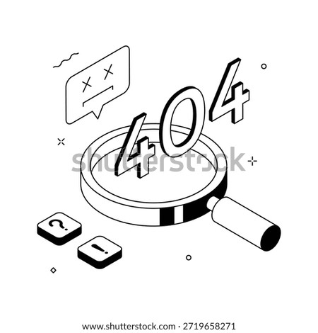 Creative 3D magnifier concept showing 404 page not found website illustration.
