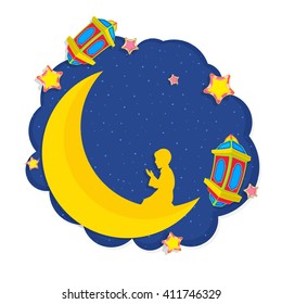 Creative 3D Moon with Praying Boy and other elements on stars decorated blue background, Concept for Islamic Festivals celebration.