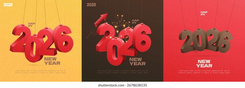 Creative 3D numbers 2026 hanging with festive style, colorful backgrounds, fireworks, and modern typography, perfect for Happy New Year greeting, holiday party, or celebration design.