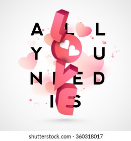 Creative 3D pink text Love on glossy hearts decorated background for Happy Valentine's Day celebration.