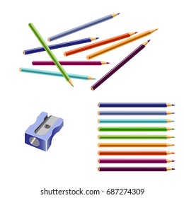 Creative  3d set for pupils, students, artist . Ideas, creativity, design. Colored tools and materials: pencil and sharpener . Vector flat illustration background