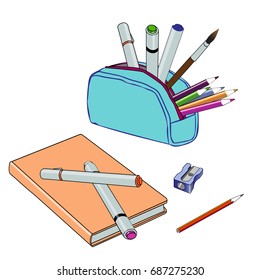 Creative  3d set for pupils, students, artist . Ideas, creativity, design. Colored tools and materials: paint, brushes, markers , pencil, palette, pencil case. Vector flat illustration background