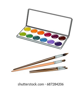 Creative  3d set for pupils, students, artist . Ideas, creativity, design. Colored tools and materials: paint, brushes, palette, pencil case. Vector flat illustration background