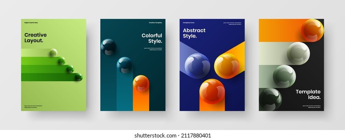 Creative 3D spheres annual report concept collection. Unique catalog cover design vector template set.