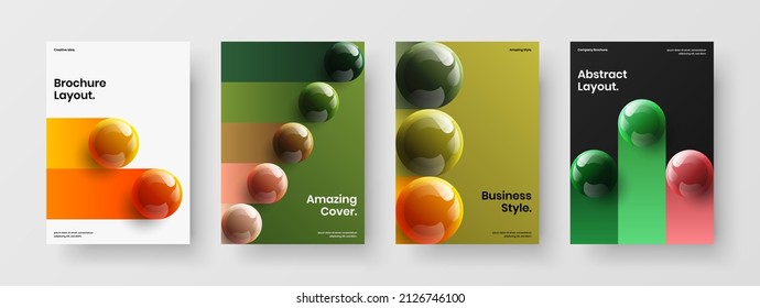 Creative 3D spheres brochure illustration composition. Clean annual report design vector layout collection.