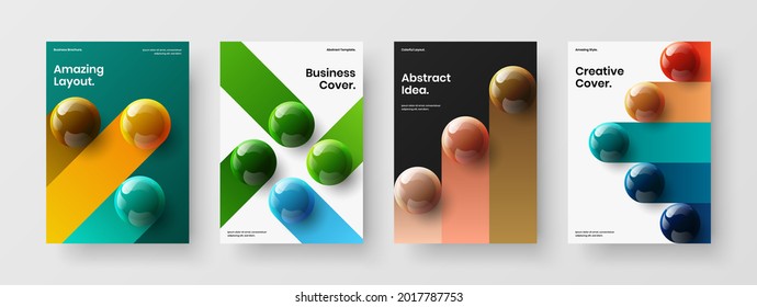 Creative 3D spheres corporate brochure illustration collection. Colorful annual report A4 vector design layout set.