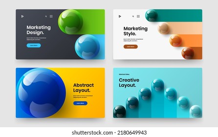 Creative 3D spheres landing page layout collection. Minimalistic website screen design vector template composition.