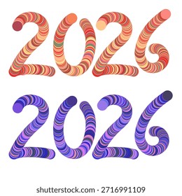 Texto em espiral 3D criativo exibindo o ano de 2026 em tons de gradiente quentes e frios, perfeito para o Ano Novo ou projetos de design.