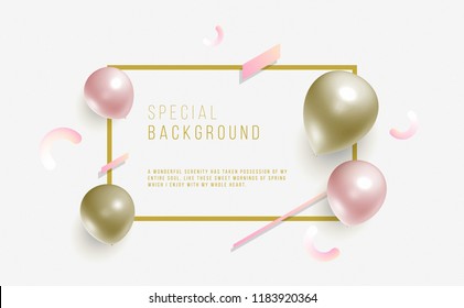 Creative 3D Style wide banner. gold and rose balloons with abstract shapes. frame and place for text. ideal for marketing, web, social media, promotion, ad, billboard, poster, invitation, print.