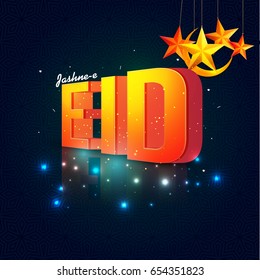 Creative 3D text Eid with stars and crescent moon on glowing background.