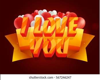 Creative 3D Text I Love You with Ribbon on heart shaped balloons decorated background for Happy Valentine's Day celebration.