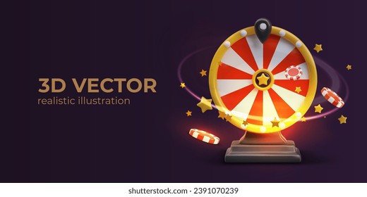 Creative 3D vector concept for online casino. Realistic wheel of fortune, chips, stars. Effect of movement, rotation, glowing trail. Live game. Horizontal template with text