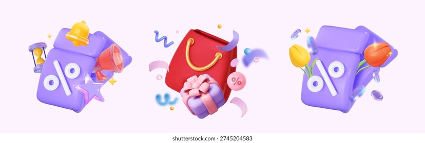 
Creative 3D vector coupons for holiday sales. Tickets, shopping bags with confetti, certificates, and vouchers for promo codes. Vector set illustrations