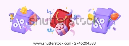 
Creative 3D vector coupons for holiday sales. Tickets, shopping bags with confetti, certificates, and vouchers for promo codes. Vector set illustrations