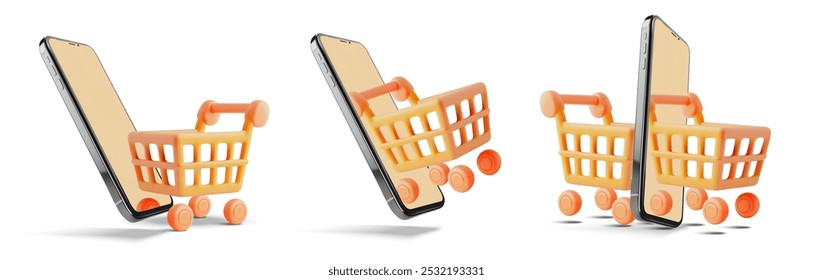 Vetor 3D criativo mostrando telefones celulares com carrinhos de compras emergindo da tela, simbolizando compras on-line, e-commerce e transações digitais. Ideal para ilustrar as tendências modernas do varejo.