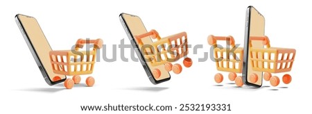 Creative 3D vector showing mobile phones with shopping carts emerging from screen, symbolizing online shopping, e-commerce, and digital transactions. Ideal for illustrating modern retail trends.