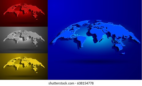 Creative 3D World Map Engraved with Dotted Illumination Lights. Vector Illustration Set in Different Colors