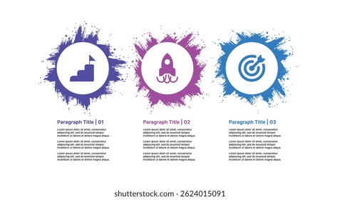 Creative 3-step infographic with splash backgrounds and circular icons representing success, launch, and goal achievement.