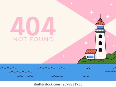 A creative 404 error page illustration featuring a lighthouse casting a bright beam over the ocean ideal for website error pages, UIUX projects, and digital content