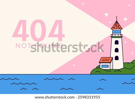 A creative 404 error page illustration featuring a lighthouse casting a bright beam over the ocean ideal for website error pages, UIUX projects, and digital content