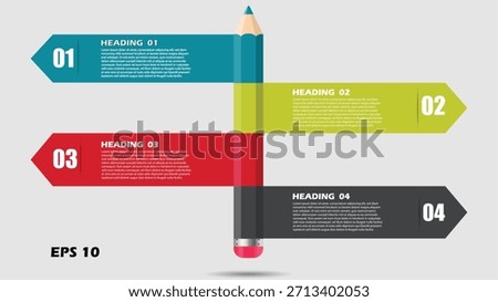 Creative 4-step pencil infographic vector template. Features a large pencil illustration connecting four colorful banner shapes for sequential steps (01-04). Ideal for illustrating education concepts, creative process flow, learning strategy, or a simple four-stage business plan. Fully editable illustration suitable for school, corporate training, and motivational presentations.