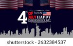 Creative 4th of July 2025 Independence Day celebration banner featuring the American flag, city skyline silhouette Statue of Liberty, and festive typography