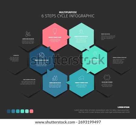A creative 6 steps cycle infographic template on a dark background, for presenting steps, processes, and cycles. Adaptable 6 steps cycle infochart with modern and engaging design for presentations.