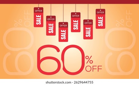 Creative 60% off sale banner with hanging red tags labeled SALE and OFFER, ideal for e-commerce promotions. for E-commerce Business