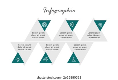Diseño creativo de infografía empresarial de 6 pasos para planificación, estrategia, flujo de trabajo, cronología, marketing, proceso de desarrollo y visualización de presentaciones.