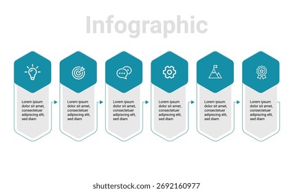 Modelo de cronograma de infográfico criativo de 6 etapas com ícones mínimos para estratégia de negócios, slides de apresentação, processo de marketing e planejamento visual