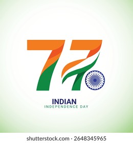 Projeto criativo do 77o Dia da Independência da Índia em formato vetorial. Apresenta tema tricolor, Ashoka Chakra, e layout limpo. Ideal para postagens em mídias sociais, campanhas e usos promocionais em 15 de agosto.