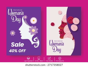 Creative 8 März Frauentag A4 Flyer Poster Design mit Broschüre Broschüre Abdeckung, florale Vektorgrafik Hintergrund und weibliches Gesicht Silhouette Marketing-Vorlage