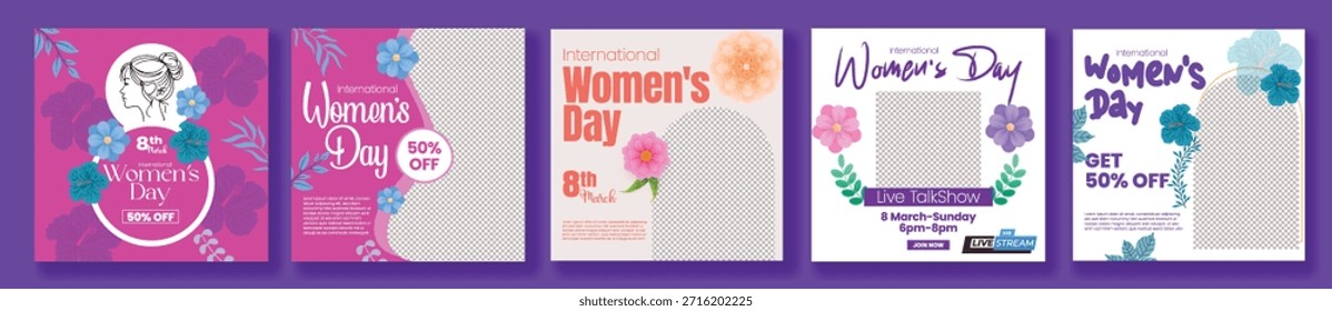 Creativo 8 de marzo Celebración del Día de la Mujer Redes Sociales Anuncio Plantilla Pack Póster cuadrado Póster Anuncios de Web Fondos de Vector floral Silueta de cara femenina colección publicitaria