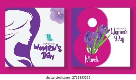 Criativo 8 de março Dia das Mulheres layout de postagem de mídia social e modelo de folheto quadrado com design de vetor floral, elegante silhueta de rosto feminino e marketing web banner fundo