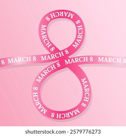 Creative 8 March ribbon design for International Women's Day. Pink ribbon shape of number 8 greeting cards,social media, event invitations,promotions for International Women's Day. Vector illustration