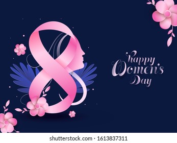 Creative 8 Number Made by Ribbon with Paper Cut Style Young Lady Face and Flowers Decorated on Blue Background for Happy Women's Day Celebration.