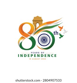 Creative 80th India Independence Day logo featuring tricolor typography, Ashoka Chakra, India Gate, flying doves and brush strokes. Patriotic design isolated on a white background.