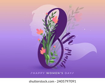 Creative 8th March Text Decorated with Flowers and Leaves against Light Violet Silhouette Woman Background. Happy Women's Day Greeting Card or Poster Design.