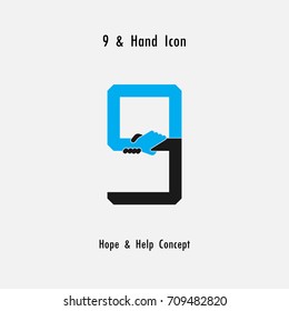 Creative 9- Number icon abstract and hands icon design vector template.Business offer,partnership,hope,support or help concept.Vector illustration